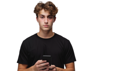 portrait of a young man wearing black t-shirt using mobile phone isolated on transparent background, boy cut out