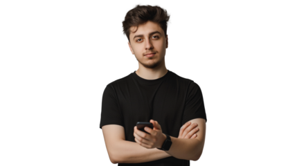 portrait of a young man wearing black t-shirt using mobile phone isolated on transparent background, boy cut out 
