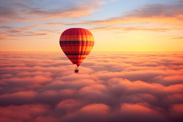 Fototapeta premium Colorful hot air balloon floats over a sea of clouds at sunset