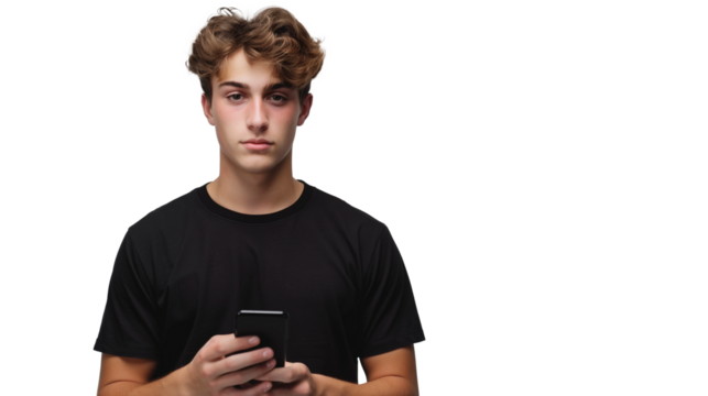 portrait of a young man wearing black t-shirt using mobile phone isolated on transparent background, boy cut out  - Powered by Adobe