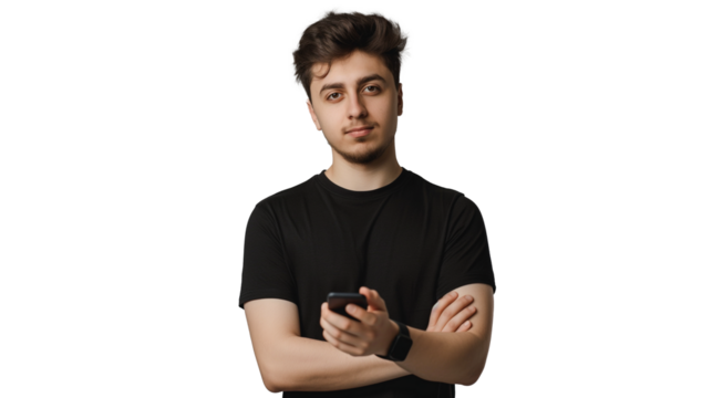 portrait of a young man wearing black t-shirt using mobile phone isolated on transparent background, boy cut out