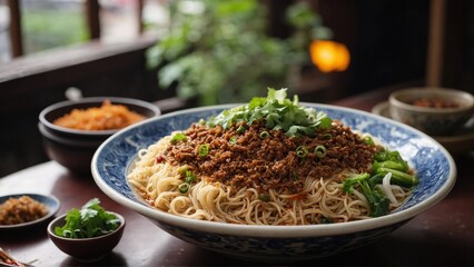 Dan Dan Noodles Wheat noodles topped with minced pork, chili oil, and preserved vegetables. (2)