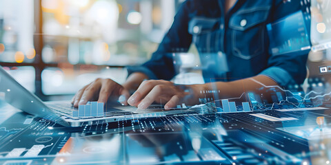 Remote Work Essentials: Laptop and Digital Background, Digital Data Analysis with Businesswoman Typing on Laptop, Futuristic Interface with Financial Charts
