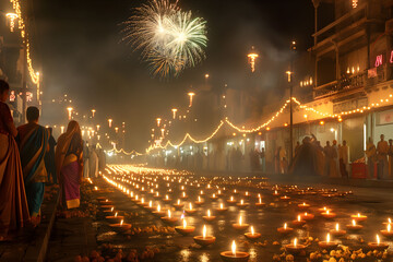A stunning display of Diwali festivities with fireworks lighting up the sky as rows of oil lamps illuminate the scene