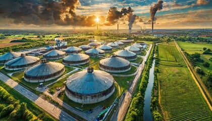 Top view, Waste-to-energy facilities stand amidst industrial zones, converting organic waste and landfill gases into renewable biogas and electricity through processes like anaerobic digestion and inc