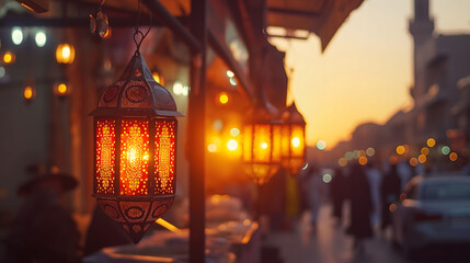 Traditional red lanterns emit a warm glow, illuminating a bustling market street as the sun sets in...