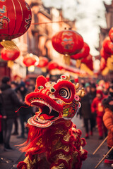 A traditional Chinese lion dance performed during a festival with red lanterns in the background