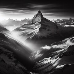 Beautiful landscape of the mountains in the clouds. Black and white print art.