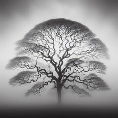 Tree in the fog. Black and white image. 