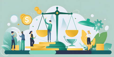 The Wealth Code: Unveiling the Business of Money, Illustration of Scales of Justice with Financial and Teamwork Concept, Balanced Justice and Finance Representation with People and Symbols
