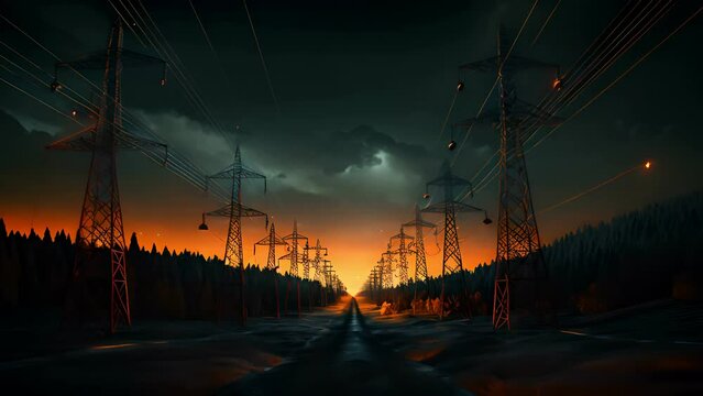 Electricity transmission towers with orange glowing wires the starry night sky. Energy infrastructure concept, energy, electricity, voltage, supply