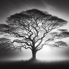 Silhouette of a tree in a misty landscape. Black and white print art.