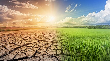 A split landscape in half showing drought dry cracked earth on one side and a green grassy field with a blue sky on the other, climate change concept, world environment day