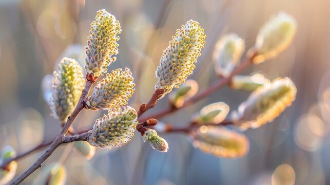 Willow tree catkins bloom up close during spring