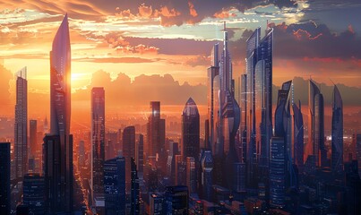 Capture the essence of modern innovation with a traditional oil painting of a futuristic city skyline at sunset, blending sleek skyscrapers with organic elements - obrazy, fototapety, plakaty