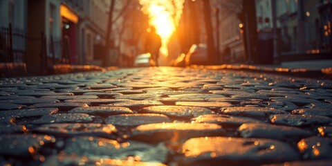Sun Setting Over Cobblestone Street. Generative AI - obrazy, fototapety, plakaty