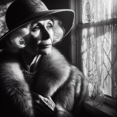 Elegant senior woman in hat and fur coat. Black and white photo.