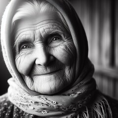 Portrait of a beautiful elderly woman. Black and white photo.
