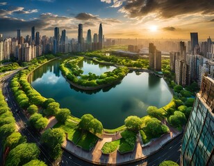 Top view, Urban green spaces, such as parks, gardens, and greenways, serve as carbon sinks and wildlife habitats, enhancing biodiversity and mitigating the urban heat island effect.