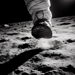 Astronaut walking on the moon. Black and white photo.