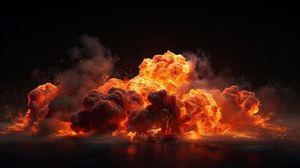 Step into the chaos of a fiery explosion with this captivating image of a large fireball surrounded by thick black smoke - obrazy, fototapety, plakaty