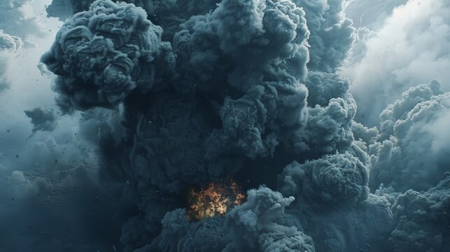 Step into the aftermath of a powerful explosion with this captivating image of a large fireball shrouded in dense black smoke
