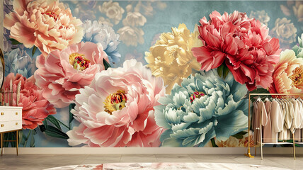 A dressing room beautified by an expansive 3D peony wallpaper, where the colorful blooms serve as a vibrant backdrop for the fashion within, against a muted, sophisticated background - obrazy, fototapety, plakaty