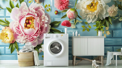 A laundry room brightened by a cheerful 3D peony wallpaper, where the task of laundry is made more pleasant by the colorful flowers blooming against a calming background - obrazy, fototapety, plakaty