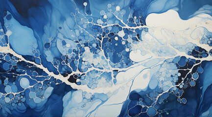 Blue and white pattern, marbling print inspired in the style of cell structure