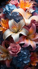 A natural image with a colorful, beautiful dreamy palette of colors and large, colorful lilies everywhere with a Robert Maplethorpe-style upbringing vibe. (Great to print and use as a mural) - obrazy, fototapety, plakaty