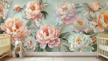 A nursery room featuring gentle, colorful peonies on a 3D wallpaper, creating a whimsical and nurturing environment 