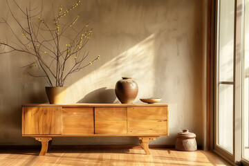 Japanese, minimalist interior design of modern living room, home. Wooden sideboard against wall with wall decor.