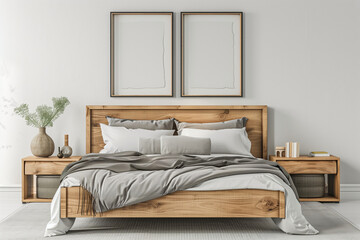 Scandinavian interior design of modern bedroom. Natural wood bed and bedside cabinets against wall with two poster frames.