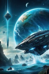 "Experience the beauty and danger of "Aquas" with this unique and creative film poster, featuring a backlit water planet and a futuristic spacecraft soaring through the sky."
