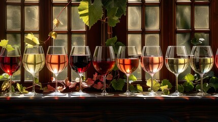 A tasteful display of wine variety, glasses of red, rose, and white wine lined up, each telling its own story through color and shadow, AI Generative