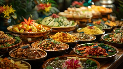Fototapeta premium A sumptuous buffet, each dish a testament to culinary diversity, ready to cater to every taste and preference, AI Generative