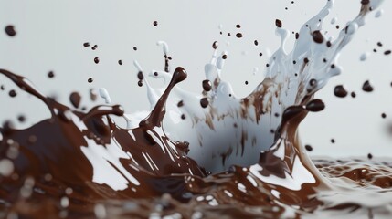 Surrender to the allure of liquid milk and chocolate as they cascade and collide in a captivating display against a pristine white transparent background - obrazy, fototapety, plakaty