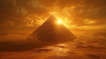 Ancient pyramid rising from the desert, sunset silhouette against vast sands, monumental, echoes of a forgotten civilization, AI Generative - obrazy, fototapety, plakaty