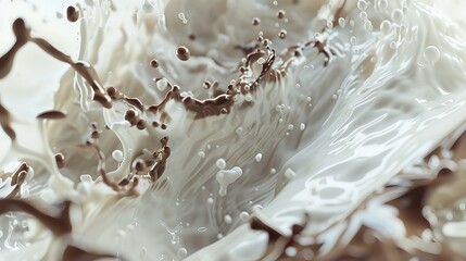 Surrender to the enchanting sight of liquid milk and chocolate swirling and splashing against a pristine white transparent backdrop - obrazy, fototapety, plakaty