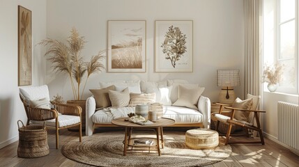 Art-filled living room, English country cottage interior, gallery wall featuring diverse frames, warm homey feel, AI Generative