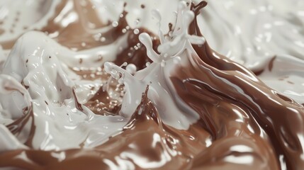 Surrender to the enchanting sight of liquid milk and chocolate swirling and splashing against a pristine white transparent backdrop