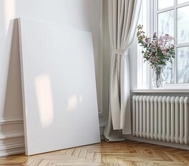 Canvas mockup set in Scandinavian living room interior background. Presented in 3D render. Made with generative AI technology