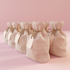 Craft a 3D illustration of assorted money bags, each tied with a unique tag to represent different savings goals. Set these on a pastel pink background, AI Generative