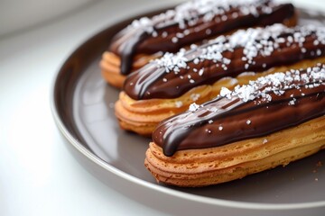 Delicious eclairs with chocolate icing on a white plate.