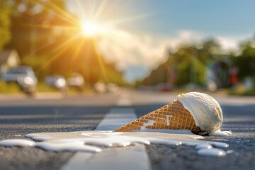 Fallen ice cream on the road. Ice cream melts on the asphalt. Heat stroke concept. Hot summer and...