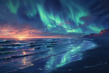 A beautiful painting of a beach with a blue ocean and a sky full of auroras