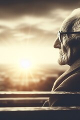 Portrait of senior man with glasses against sunset over the city. 