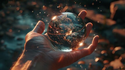 Transport yourself to a realm of elegance and sophistication with this enchanting image of a transparent glass globe resting gracefully in a hand - obrazy, fototapety, plakaty