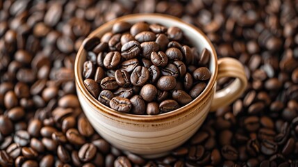 Fototapeta premium Organic coffee cup filled with coffee beans displayed on a background of scattered coffee beans