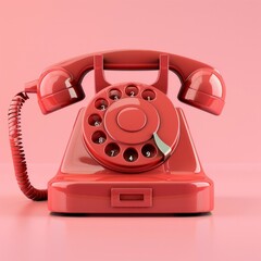Create a 3D icon of a red old-fashioned telephone set against a contrasting pink background. The telephone should feature a glossy finish, reflecting a bygone era of communication, AI Generative